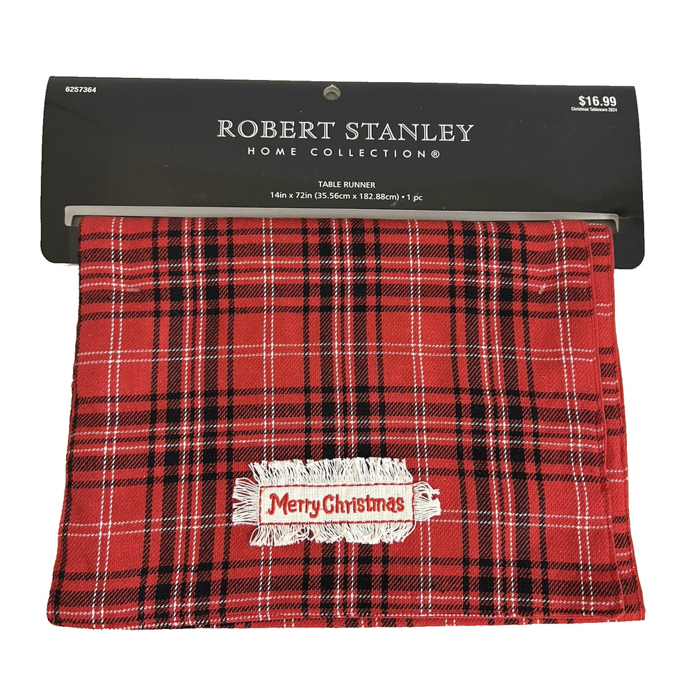 New ROBERT STANLEY Christmas Plaid Merry Christmas 14"x72" Table‎ Runner Red NWT
